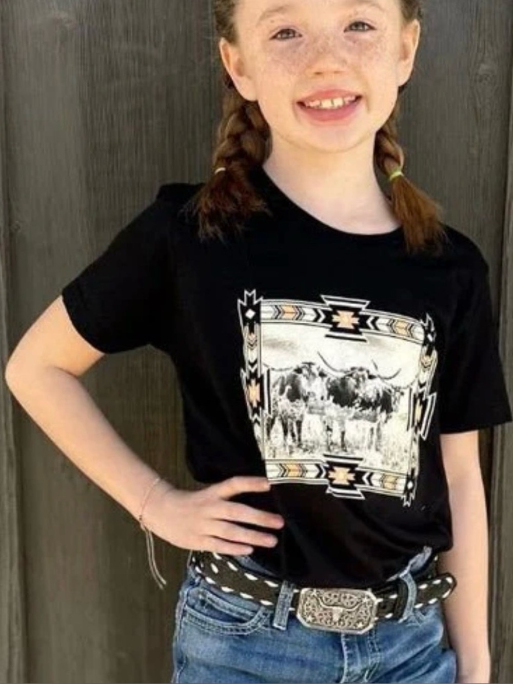 KIDS Love And Longhorns Tee featuring a herd of cattle in a geometric frame